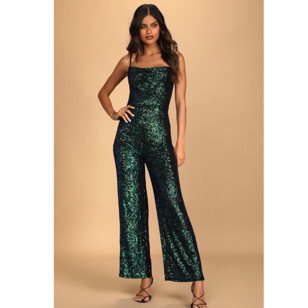 NEW Green Iridescent Sequin Wide-Leg Jumpsuit